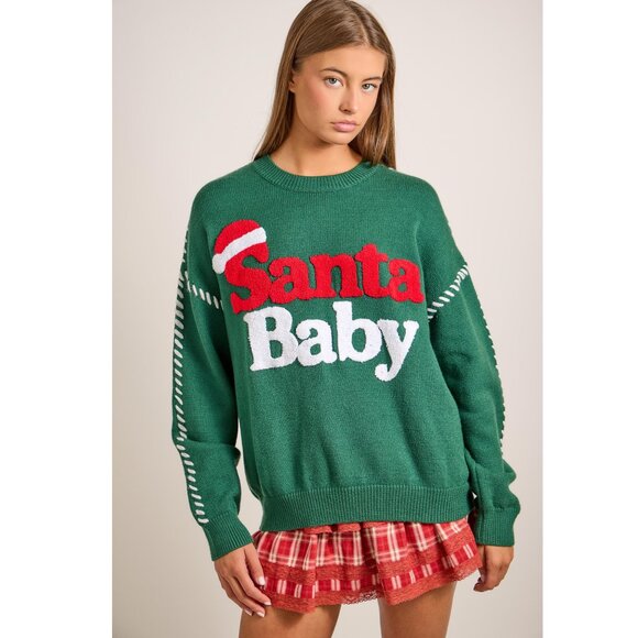 Premium Boutique SANTA BABY Green Christmas Holiday Knit Sweater Puff Design NEW - Picture 7 of 8